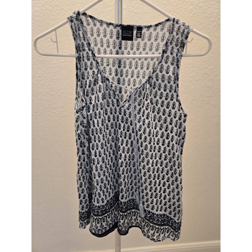 Blue Saks Fifth Avenue Womens XS Sleeveless Nylon Knit Tank Top Floral Trim